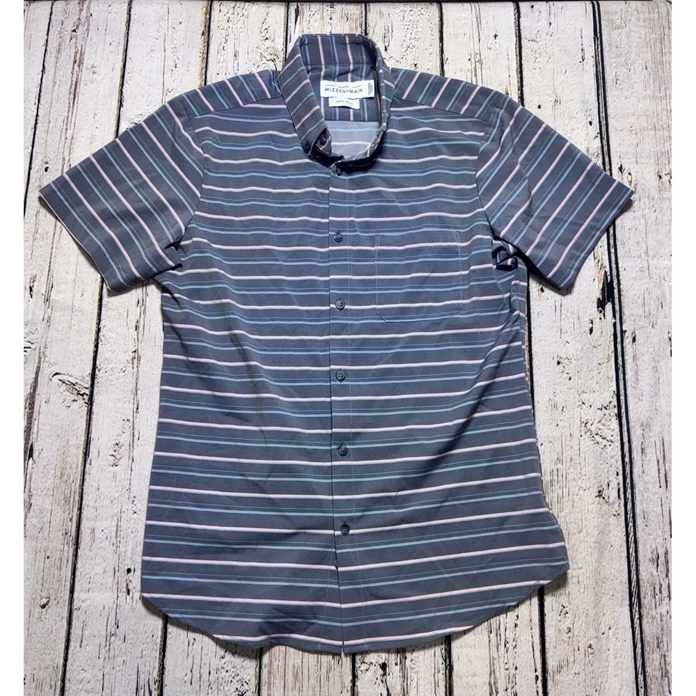Mizzen + Main Shirt Mens Medium Gray Pink Striped Leeward Trim Fit Button Up